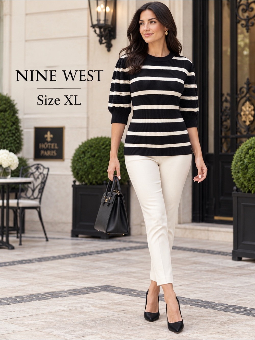 Nine West XL Black Ivory Striped Ribbed Puff Sleeve Sweater